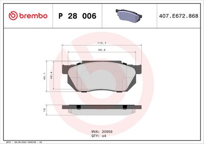Комплект тормозных колодок, дисковый тормоз BREMBO P 28 006