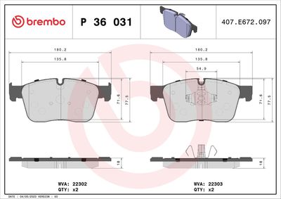 Bremžu uzliku kompl., Disku bremzes BREMBO P 36 031