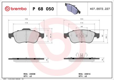 Комплект тормозных колодок, дисковый тормоз BREMBO P 68 050X