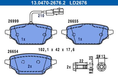 Комплект тормозных колодок, дисковый тормоз ATE 13.0470-2676.2