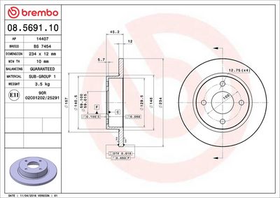Тормозной диск BREMBO 08.5691.10