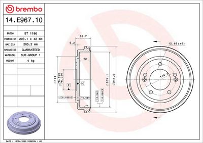 Bremžu trumulis BREMBO 14.E967.10