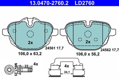 Комплект тормозных колодок, дисковый тормоз ATE 13.0470-2760.2
