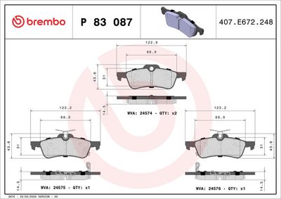 Комплект тормозных колодок, дисковый тормоз BREMBO P 83 087