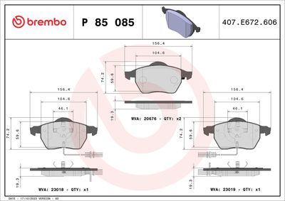 Комплект тормозных колодок, дисковый тормоз BREMBO P 85 085