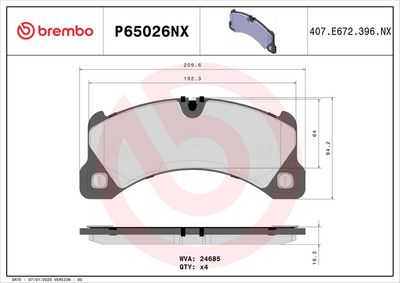 Комплект тормозных колодок, дисковый тормоз BREMBO P 65 026NX