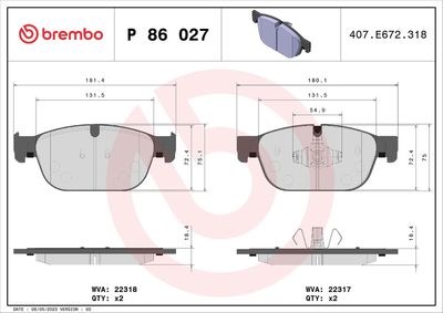 Комплект тормозных колодок, дисковый тормоз BREMBO P 86 027