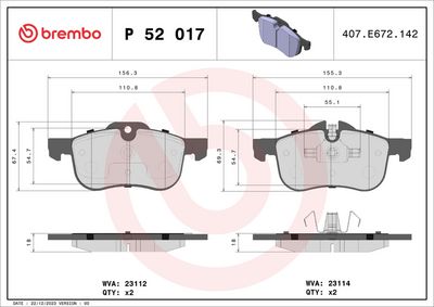 Комплект тормозных колодок, дисковый тормоз BREMBO P 52 017