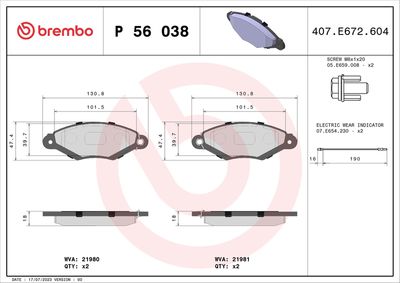 Bremžu uzliku kompl., Disku bremzes BREMBO P 56 038