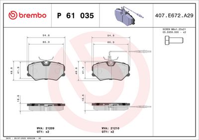 Bremžu uzliku kompl., Disku bremzes BREMBO P 61 035