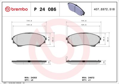 Комплект тормозных колодок, дисковый тормоз BREMBO P 24 086