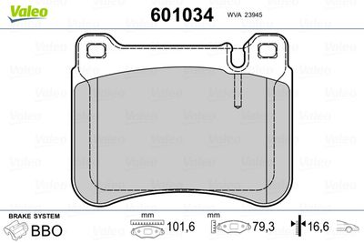 Bremžu uzliku kompl., Disku bremzes VALEO 601034