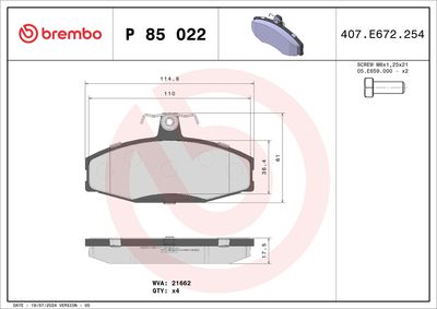 Комплект тормозных колодок, дисковый тормоз BREMBO P 85 022