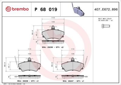 Bremžu uzliku kompl., Disku bremzes BREMBO P 68 019