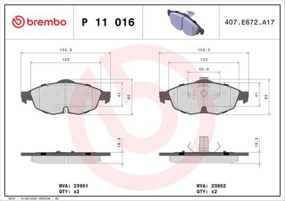 Bremžu uzliku kompl., Disku bremzes BREMBO P 11 016