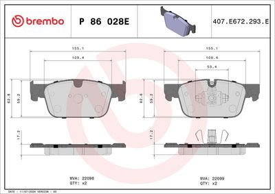 Комплект тормозных колодок, дисковый тормоз BREMBO P 86 028E