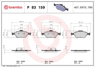 Комплект тормозных колодок, дисковый тормоз BREMBO P 83 159