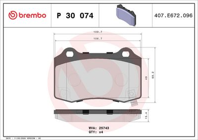 Комплект тормозных колодок, дисковый тормоз BREMBO P 30 074