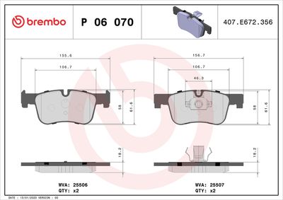 Комплект тормозных колодок, дисковый тормоз BREMBO P 06 070