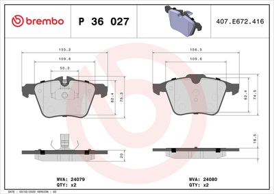 Комплект тормозных колодок, дисковый тормоз BREMBO P 36 027