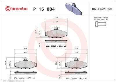 Bremžu uzliku kompl., Disku bremzes BREMBO P 15 004