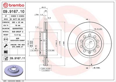 Тормозной диск BREMBO 09.9167.11