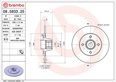 Тормозной диск BREMBO 08.5833.25