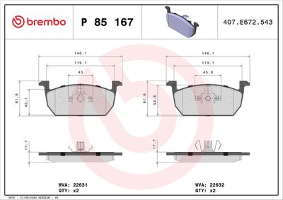 Комплект тормозных колодок, дисковый тормоз BREMBO P 85 167