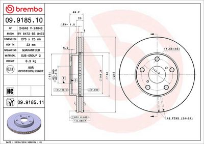 Тормозной диск BREMBO 09.9185.11