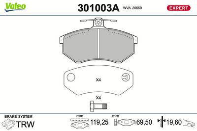 Комплект тормозных колодок, дисковый тормоз VALEO 301003A