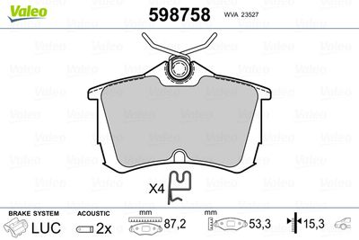 Комплект тормозных колодок, дисковый тормоз VALEO 598758