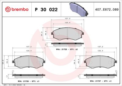 Комплект тормозных колодок, дисковый тормоз BREMBO P 30 022
