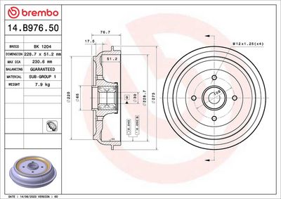 Тормозной барабан BREMBO 14.B976.50