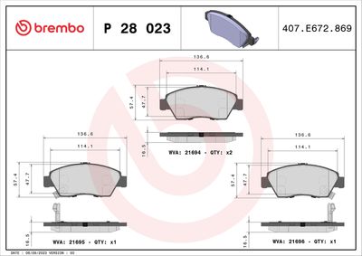 Комплект тормозных колодок, дисковый тормоз BREMBO P 28 023