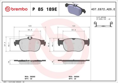 Комплект тормозных колодок, дисковый тормоз BREMBO P 85 189E