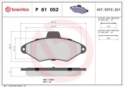 Комплект тормозных колодок, дисковый тормоз BREMBO P 61 052