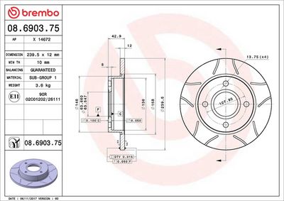 Тормозной диск BREMBO 08.6903.75