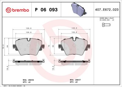 Комплект тормозных колодок, дисковый тормоз BREMBO P 06 093