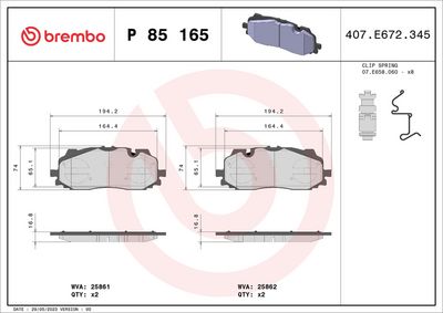 Комплект тормозных колодок, дисковый тормоз BREMBO P 85 165X