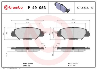 Комплект тормозных колодок, дисковый тормоз BREMBO P 49 053