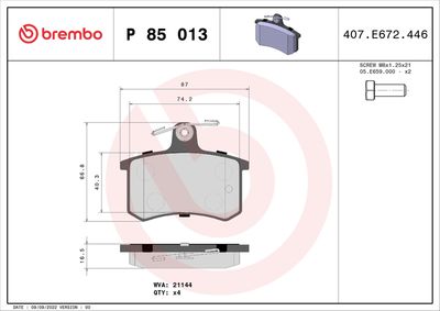 Комплект тормозных колодок, дисковый тормоз BREMBO P 85 013