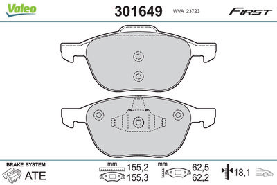 Комплект тормозных колодок, дисковый тормоз VALEO 301649