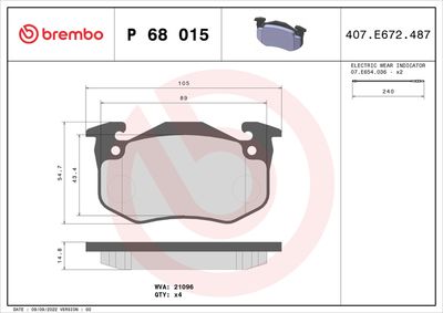 Комплект тормозных колодок, дисковый тормоз BREMBO P 68 015