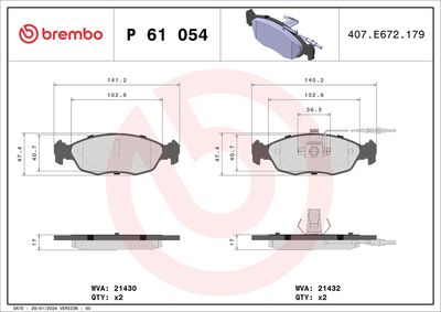 Комплект тормозных колодок, дисковый тормоз BREMBO P 61 054