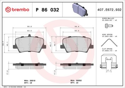 Bremžu uzliku kompl., Disku bremzes BREMBO P 86 032