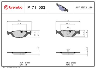 Комплект тормозных колодок, дисковый тормоз BREMBO P 71 003
