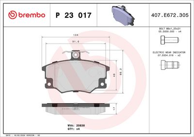 Комплект тормозных колодок, дисковый тормоз BREMBO P 23 017